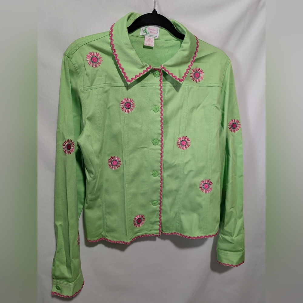 Bamboo Traders Light Green Garment Embroidered Flowers With Pink Accents